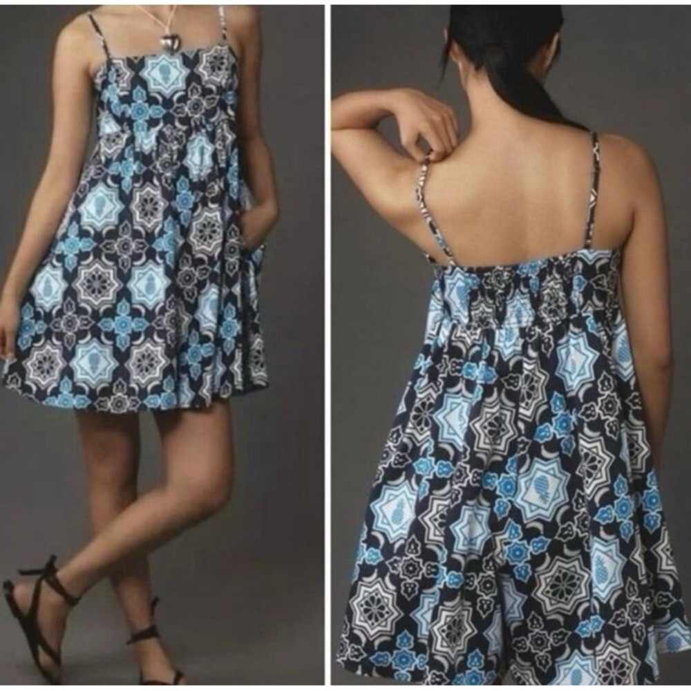 Hutch Anthropologie Blue White Tile Pineapple Print Romper Pockets XL 1